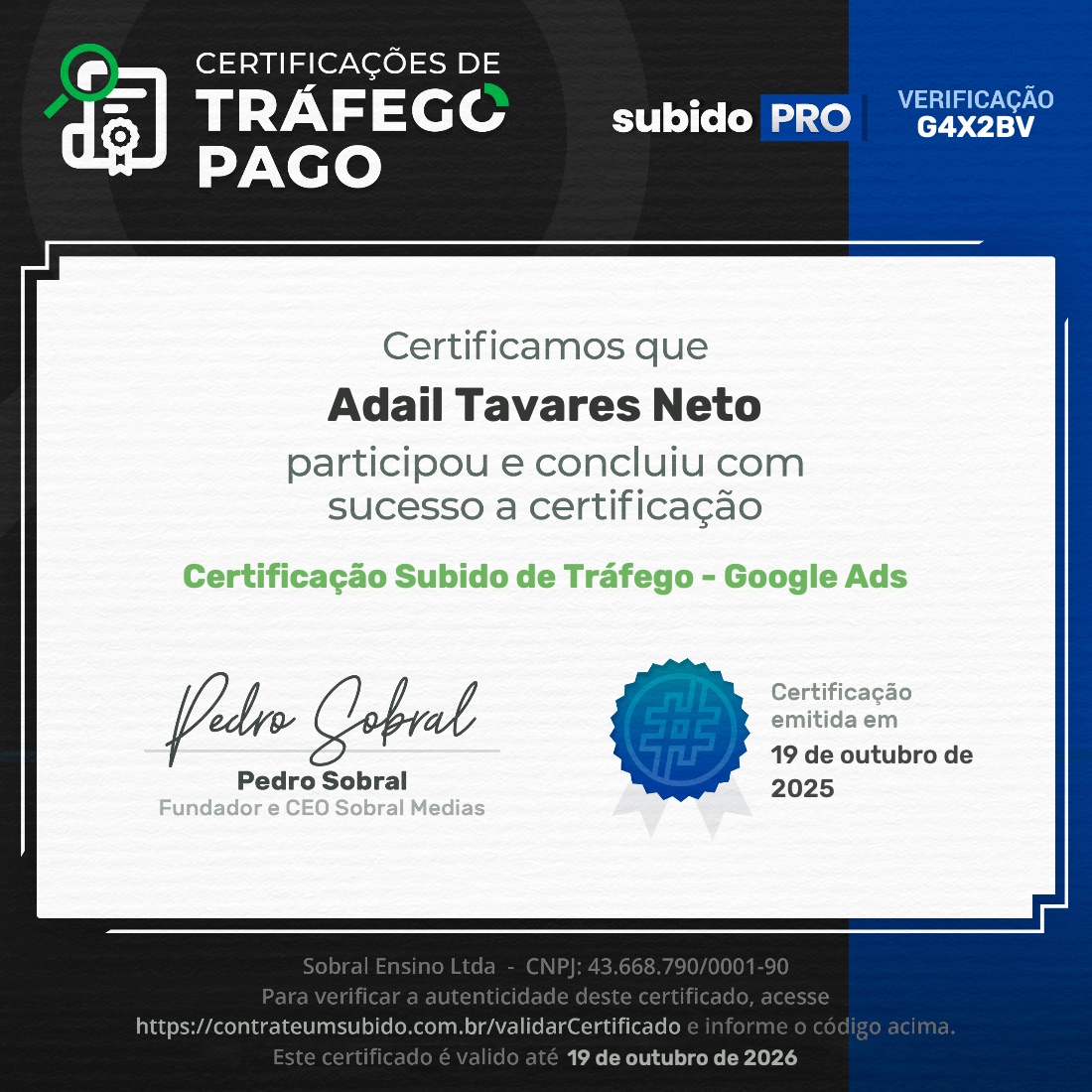 Certificado de tráfego Google Ads